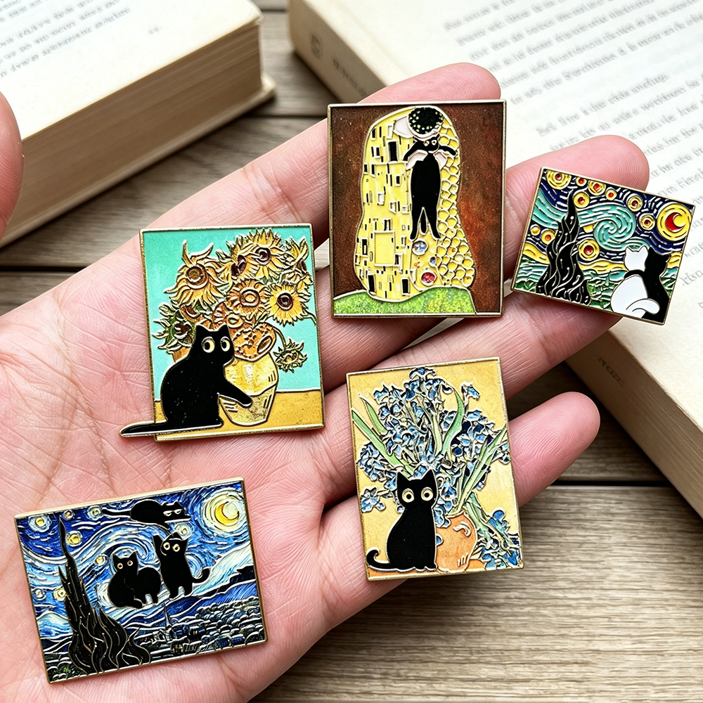 5pcs Famous Painting Black Cat - Vintage Collectible Pins 评论和价格